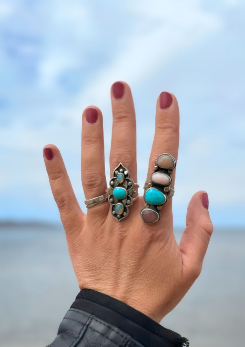 Oapal & turquoise silver ring (size 8)