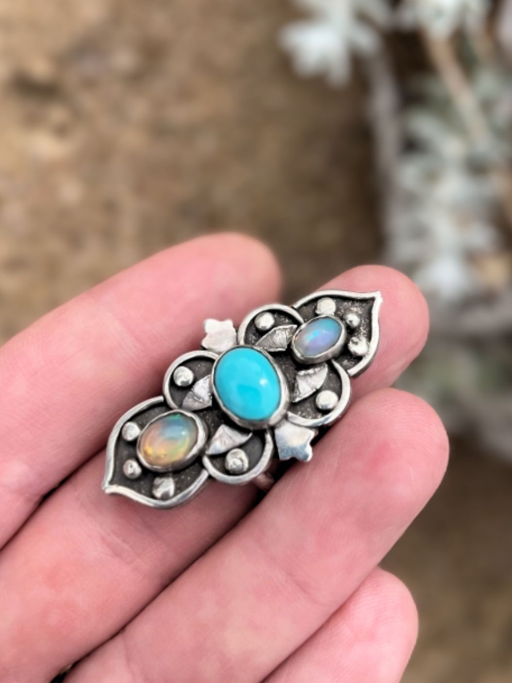 Oapal & turquoise silver ring (size 8)