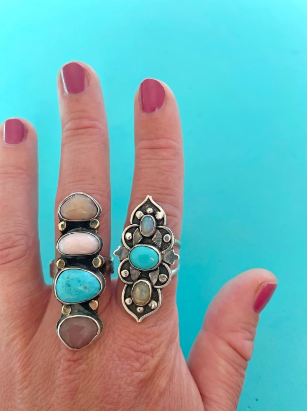 Oapal & turquoise silver ring (size 8)
