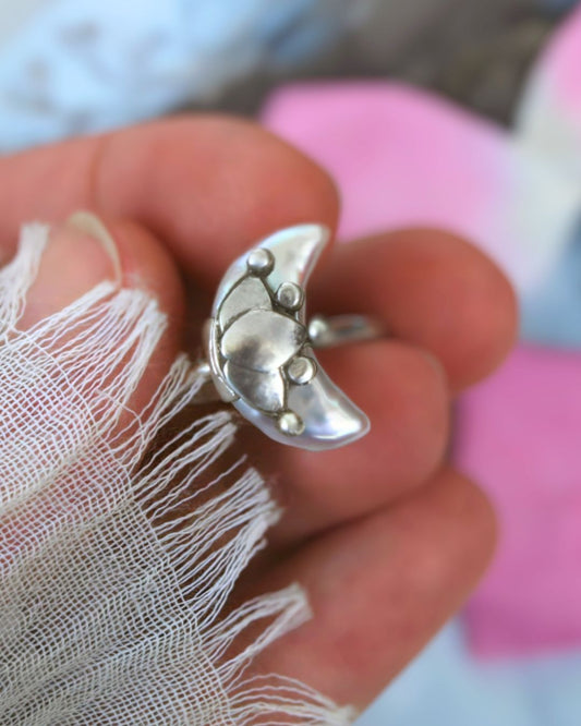 Celestial moon pearl ring (size 7)