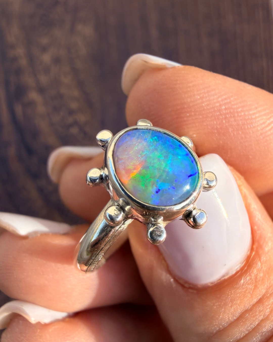 Natural Lightning Ridge opal ring - size 53